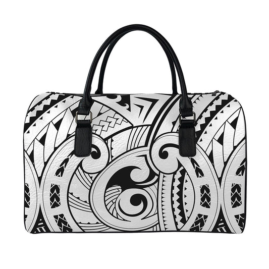 Black And White Maori Pattern Print Leather Duffle Bag