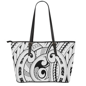 Black And White Maori Pattern Print Leather Tote Bag