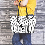 Black And White Maori Pattern Print Leather Tote Bag