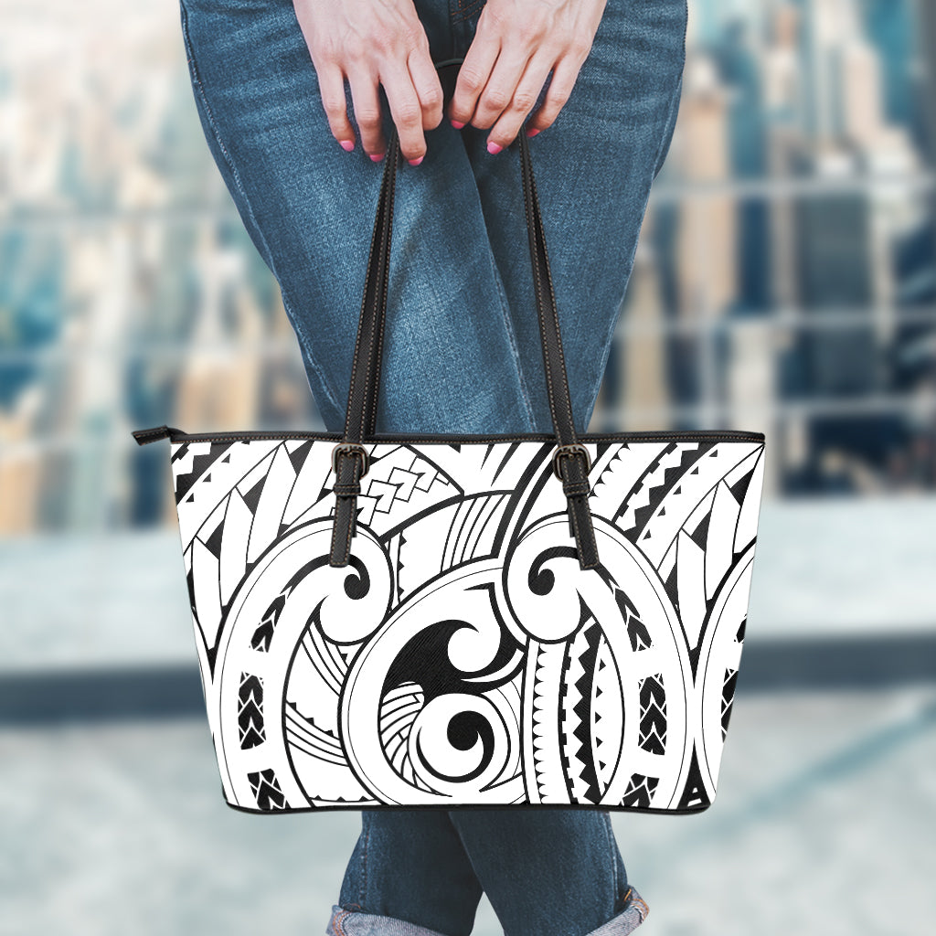 Black And White Maori Pattern Print Leather Tote Bag