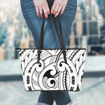 Black And White Maori Pattern Print Leather Tote Bag