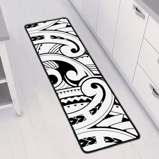 Black And White Maori Pattern Print Long Kitchen Mat