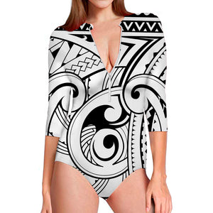 Black And White Maori Pattern Print Long Sleeve Swimsuit