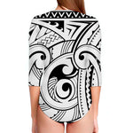 Black And White Maori Pattern Print Long Sleeve Swimsuit