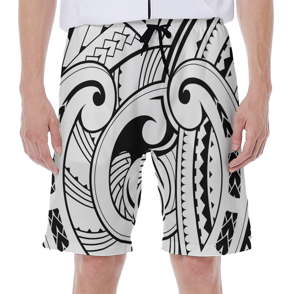 Black And White Maori Pattern Print Men's Beach Shorts