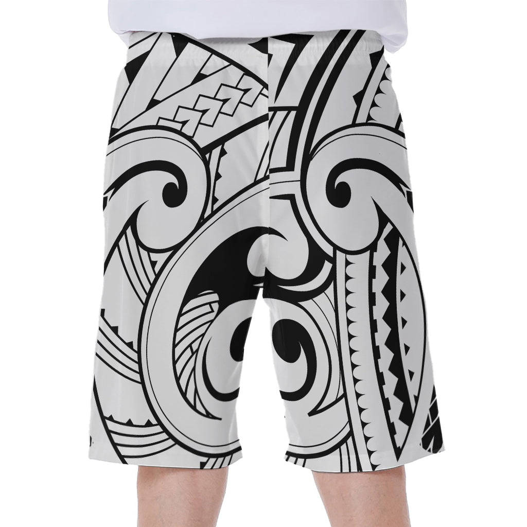 Black And White Maori Pattern Print Men's Beach Shorts