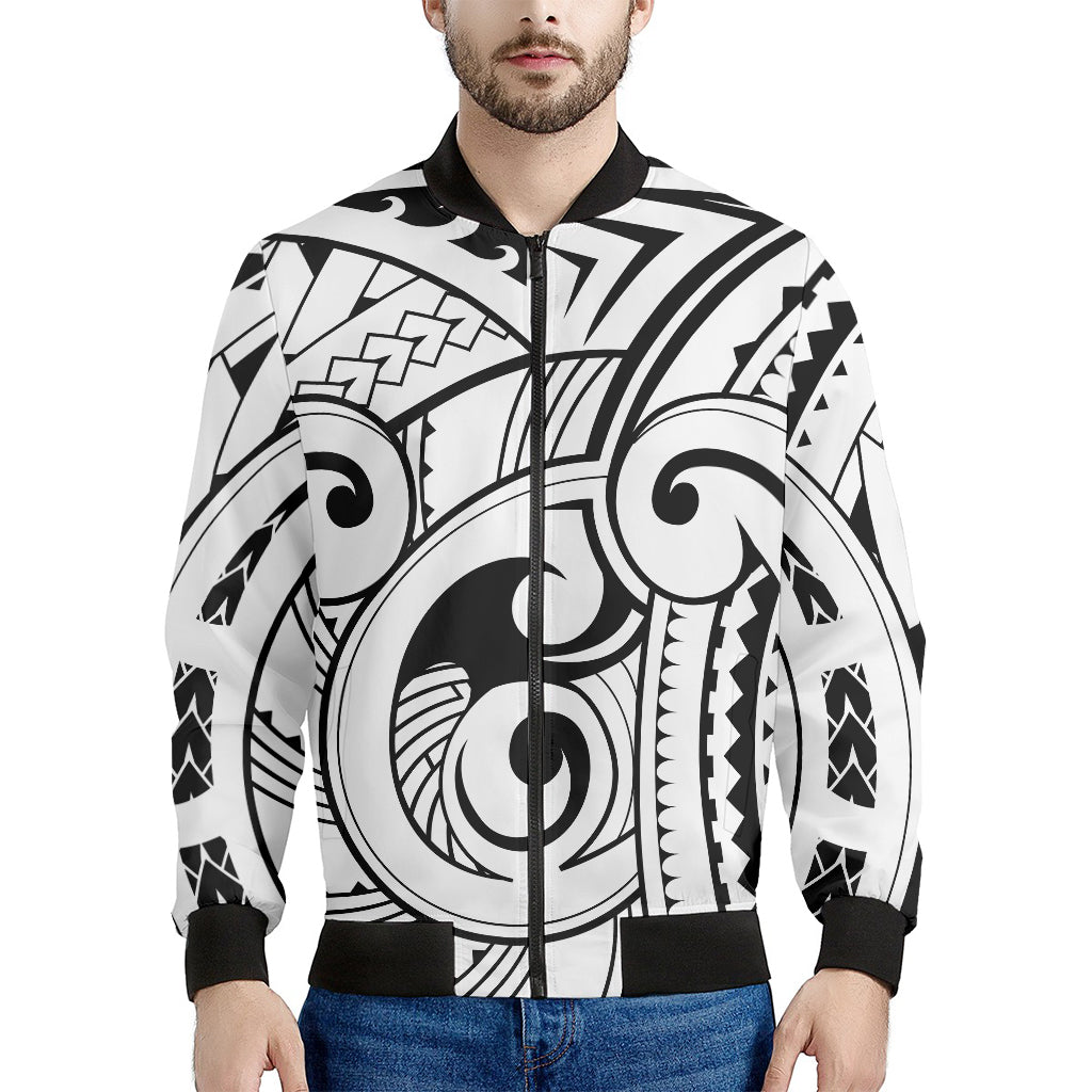 Black And White Maori Pattern Print Men's Bomber Jacket