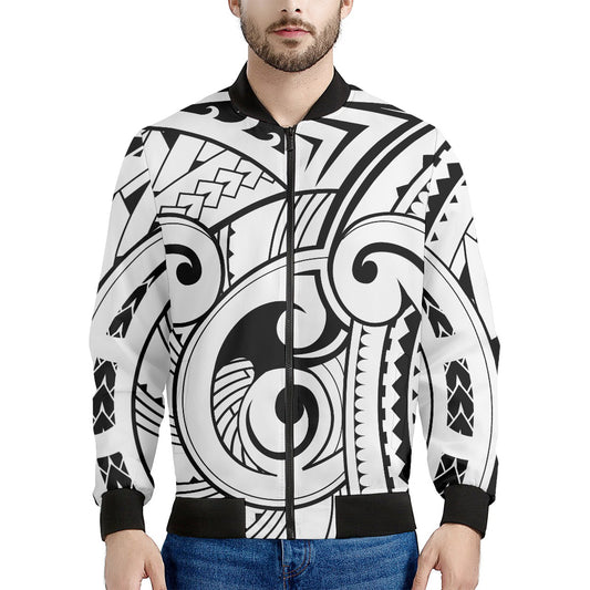 Black And White Maori Pattern Print Men's Bomber Jacket