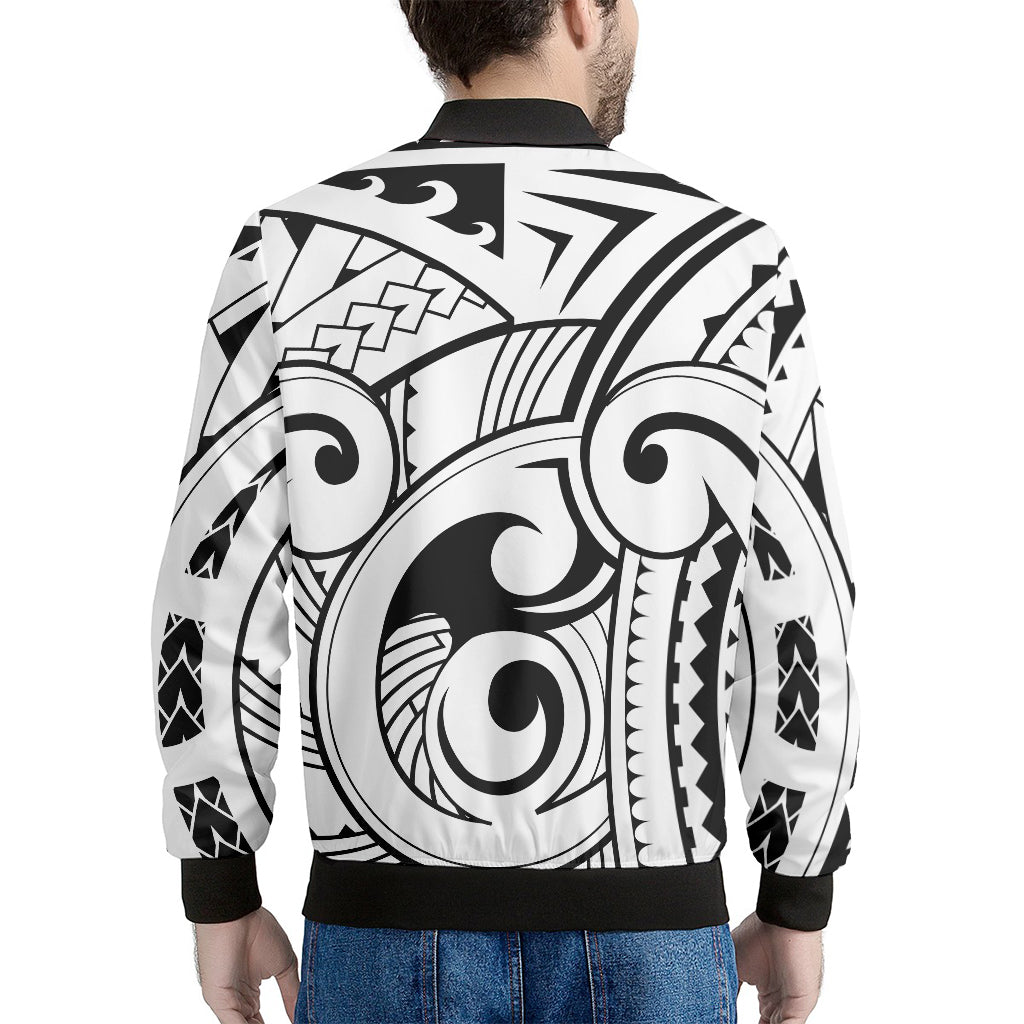 Black And White Maori Pattern Print Men's Bomber Jacket