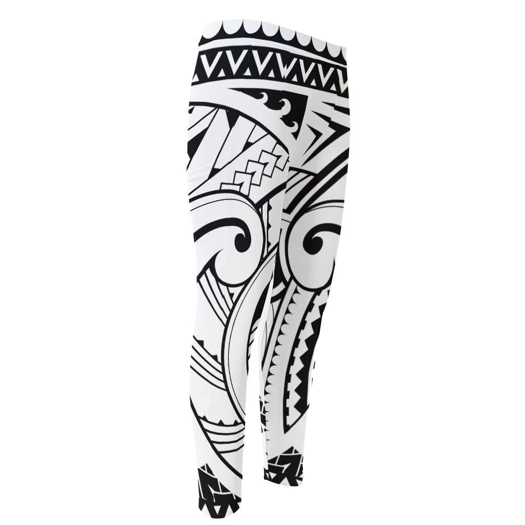 Black And White Maori Pattern Print Men's Compression Pants