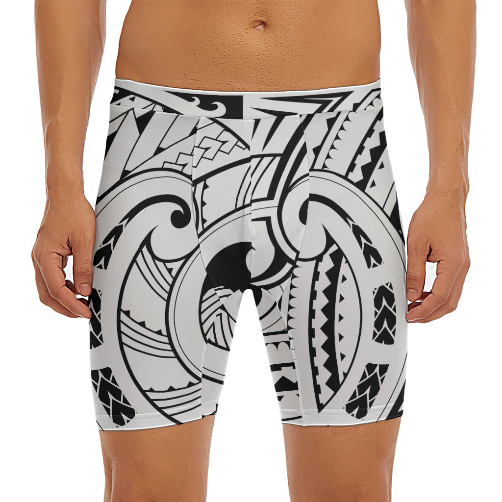 Black And White Maori Pattern Print Men's Long Boxer Briefs