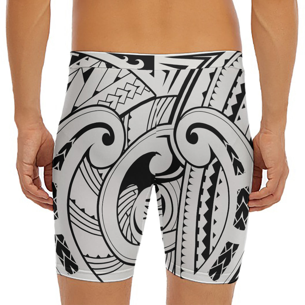 Black And White Maori Pattern Print Men's Long Boxer Briefs