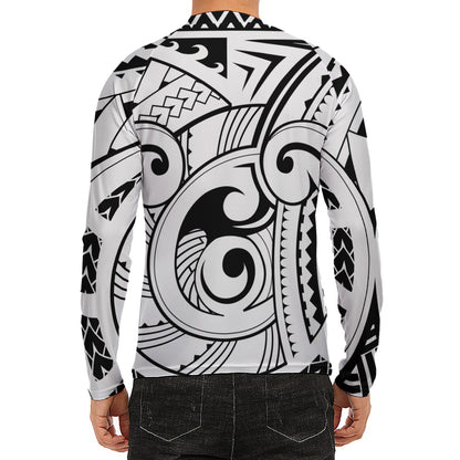 Black And White Maori Pattern Print Men's Long Sleeve Rash Guard
