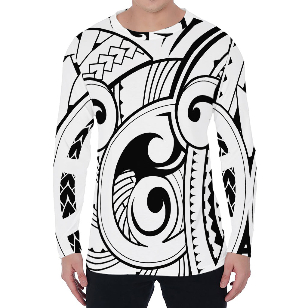 Black And White Maori Pattern Print Men's Long Sleeve T-Shirt