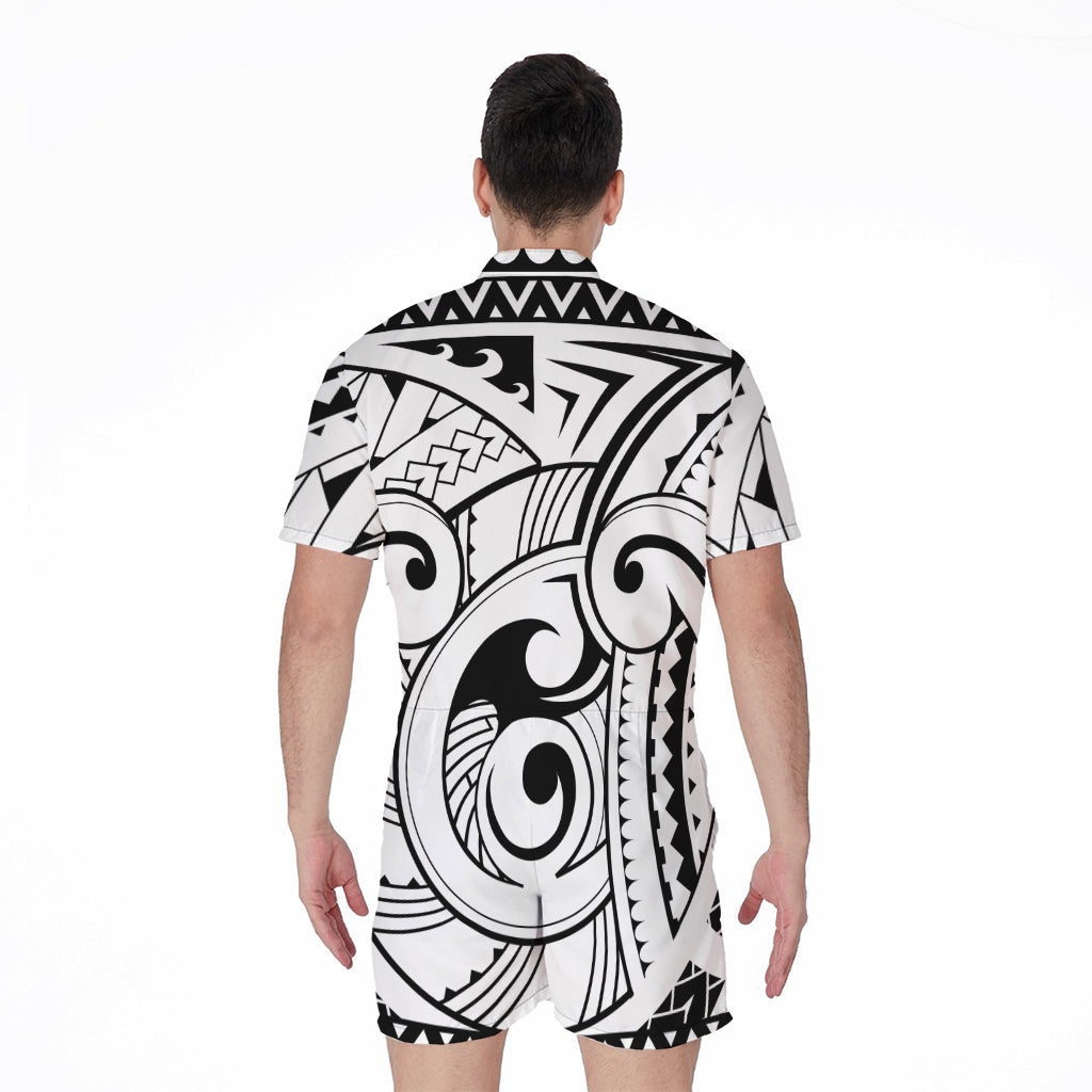 Black And White Maori Pattern Print Men's Rompers