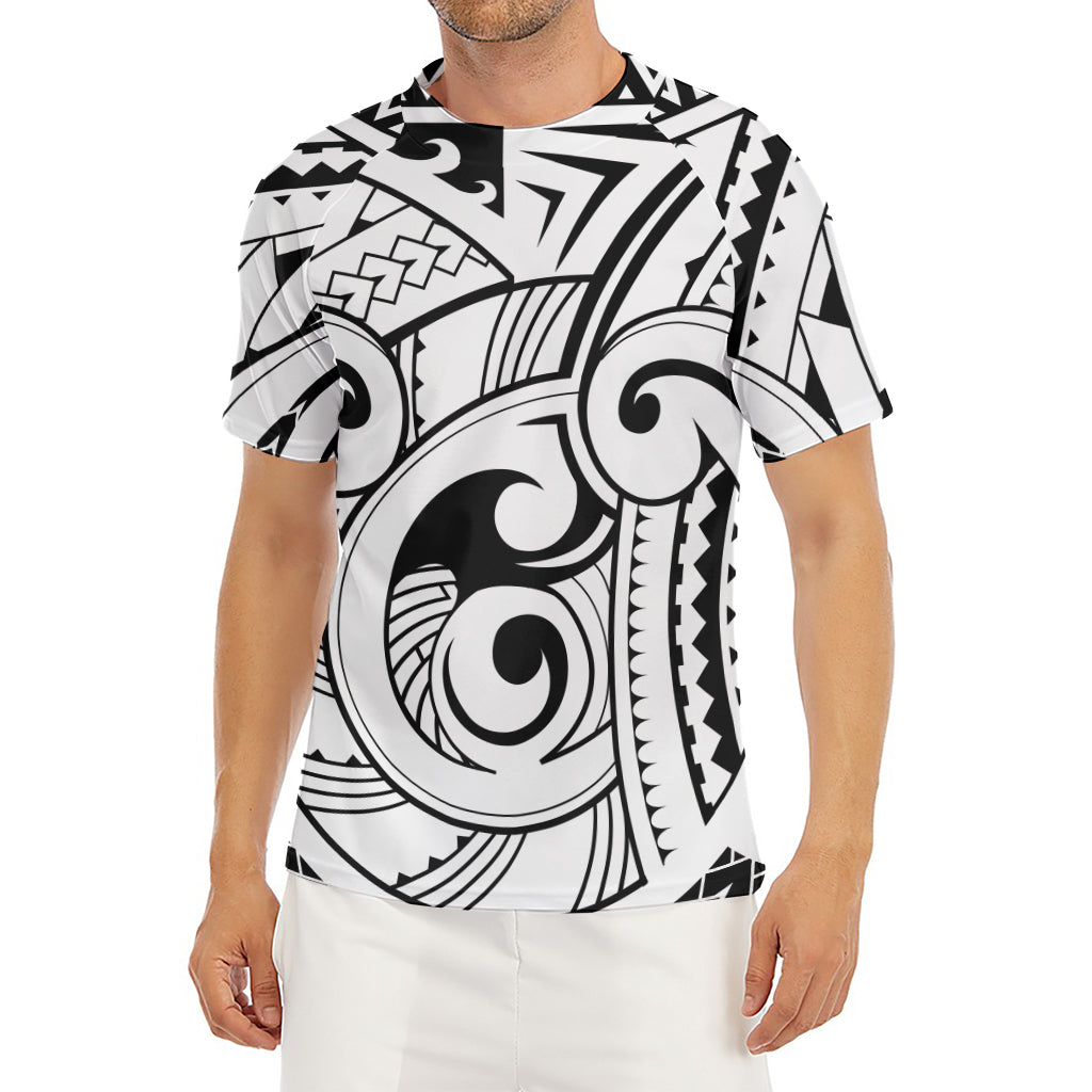 Black And White Maori Pattern Print Men's Short Sleeve Rash Guard