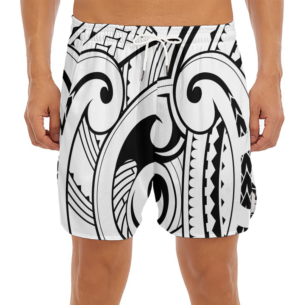 Black And White Maori Pattern Print Men's Split Running Shorts