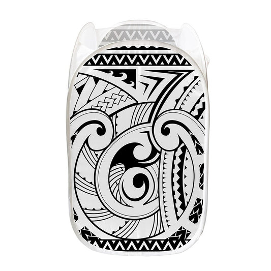 Black And White Maori Pattern Print Mesh Laundry Hamper