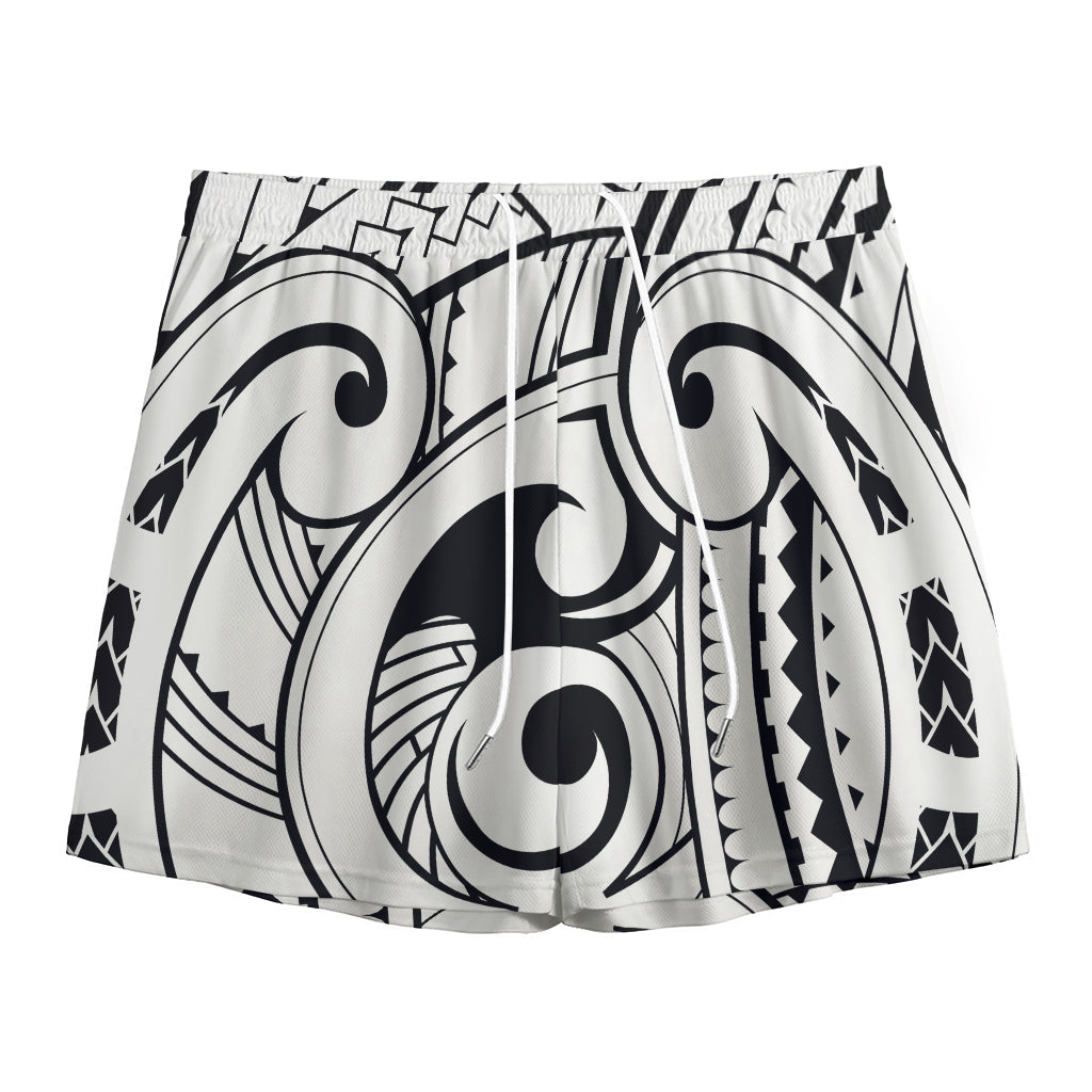 Black And White Maori Pattern Print Mesh Shorts