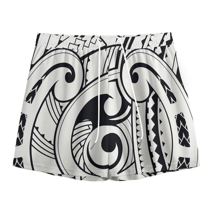 Black And White Maori Pattern Print Mesh Shorts