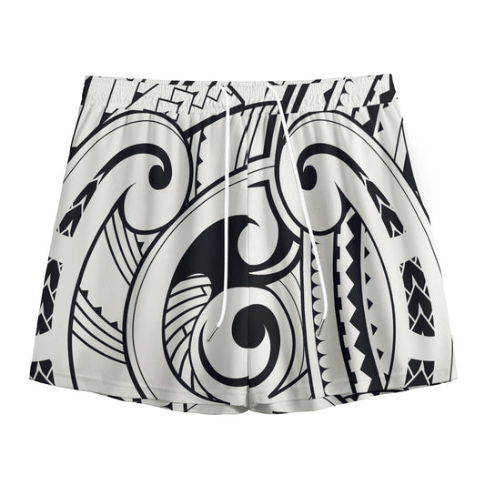 Black And White Maori Pattern Print Mesh Shorts