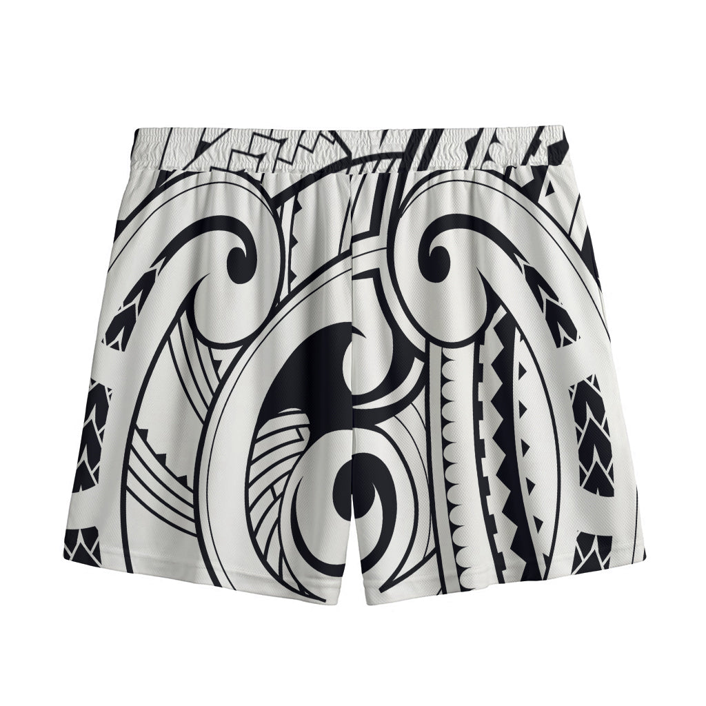 Black And White Maori Pattern Print Mesh Shorts