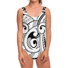 Black And White Maori Pattern Print One Piece Swimsuit