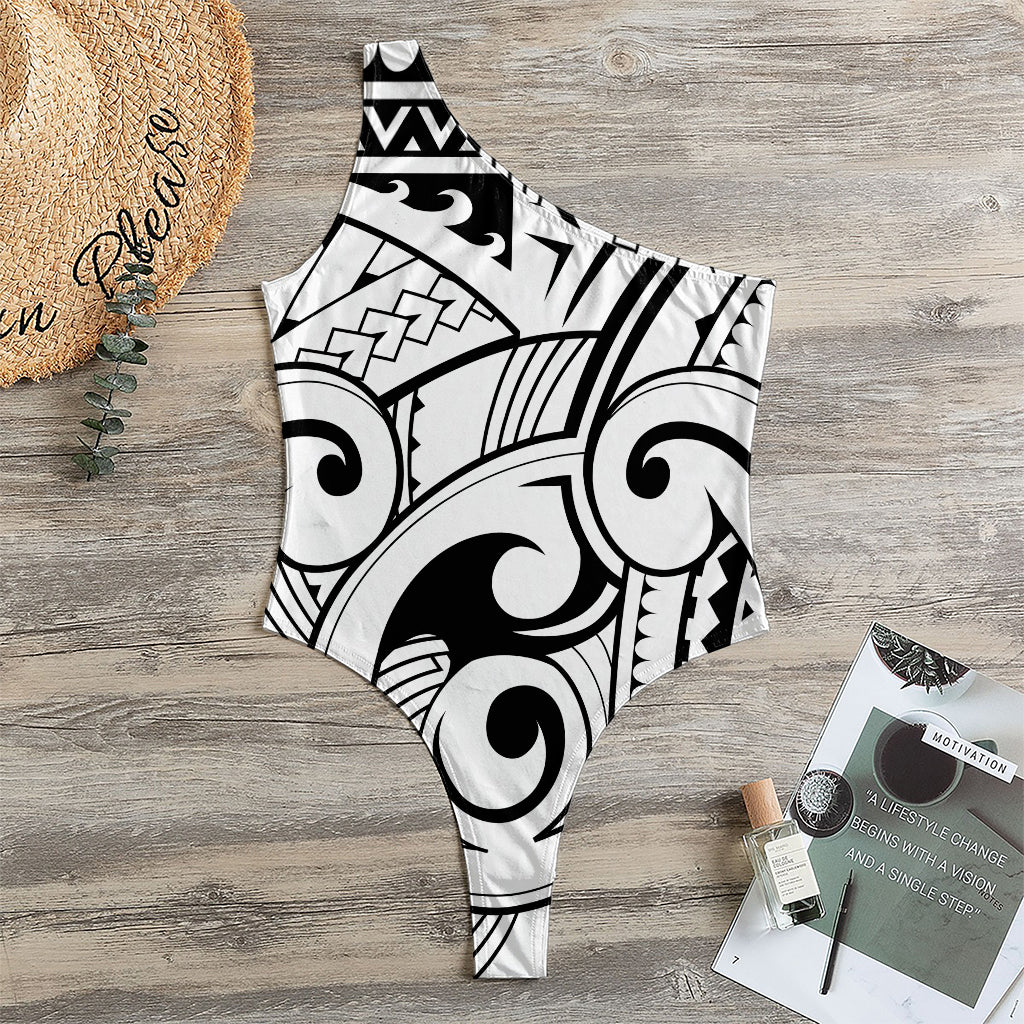 Black And White Maori Pattern Print One Shoulder Bodysuit