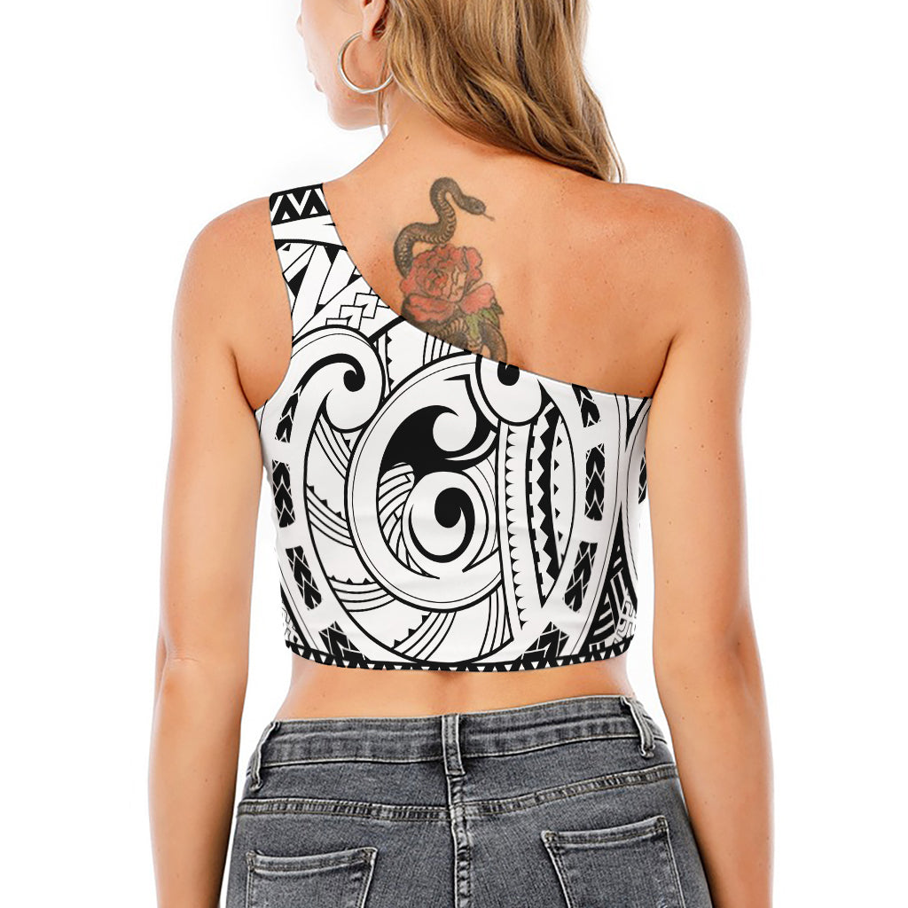 Black And White Maori Pattern Print One Shoulder Crop Top