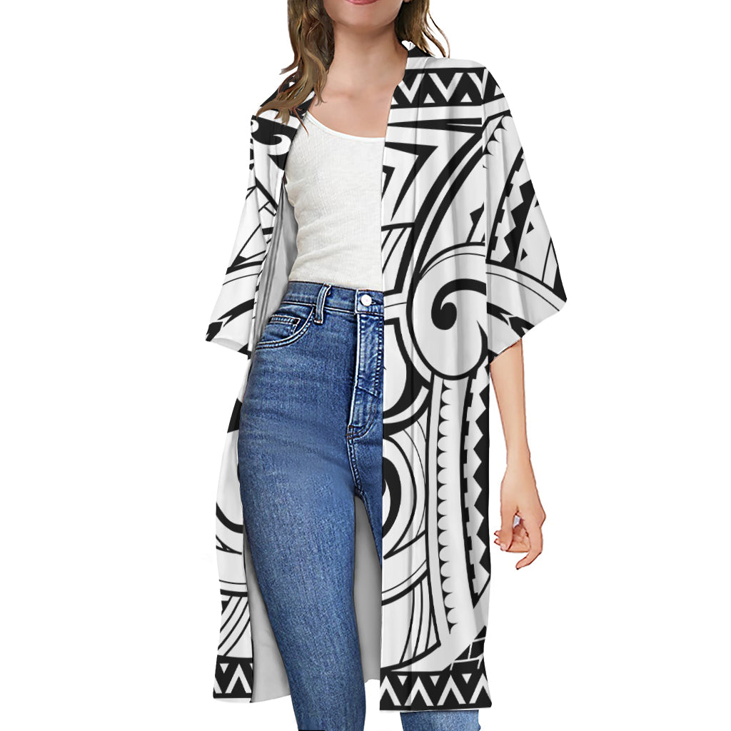 Black And White Maori Pattern Print Open Front Beach Cover Up