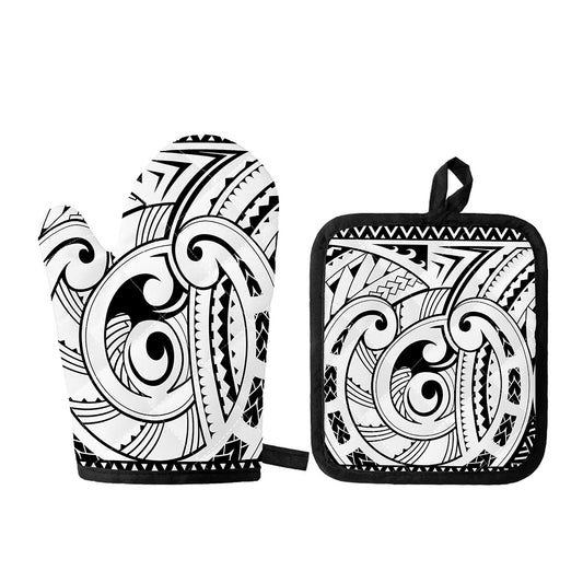 Black And White Maori Pattern Print Oven Mitt And Pot Holder Set