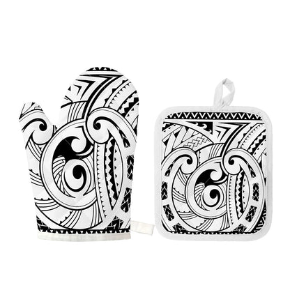 Black And White Maori Pattern Print Oven Mitt And Pot Holder Set