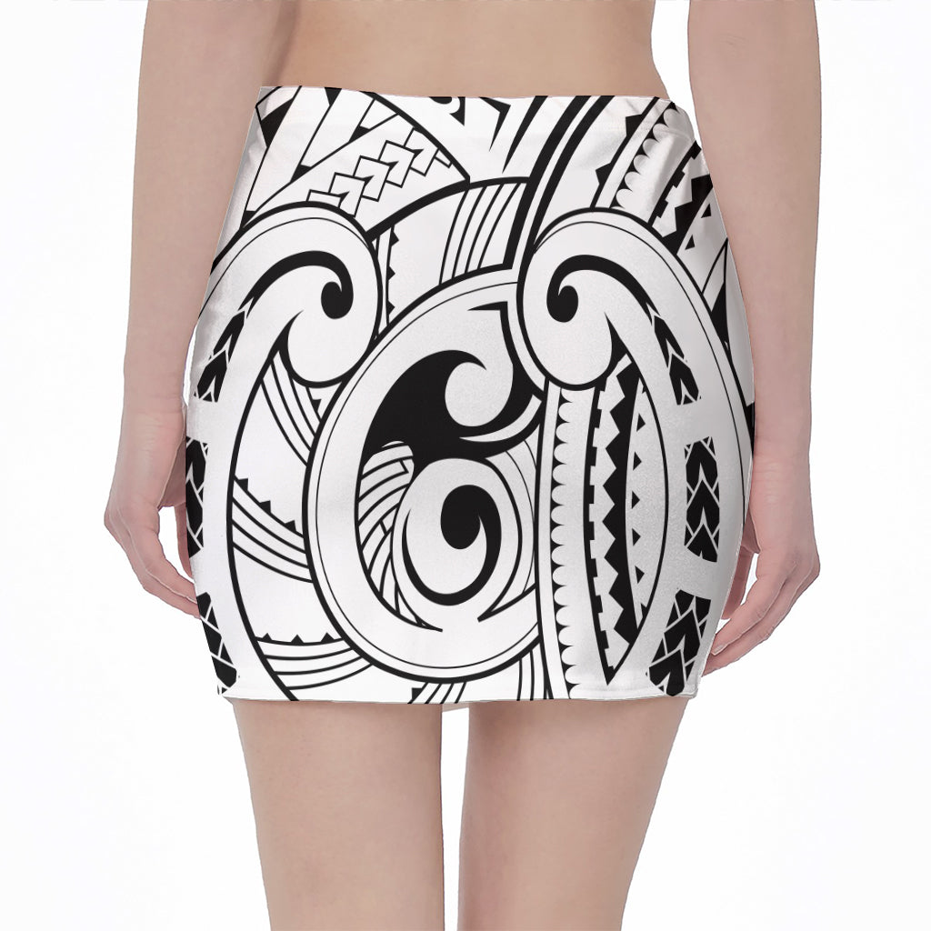 Black And White Maori Pattern Print Pencil Mini Skirt