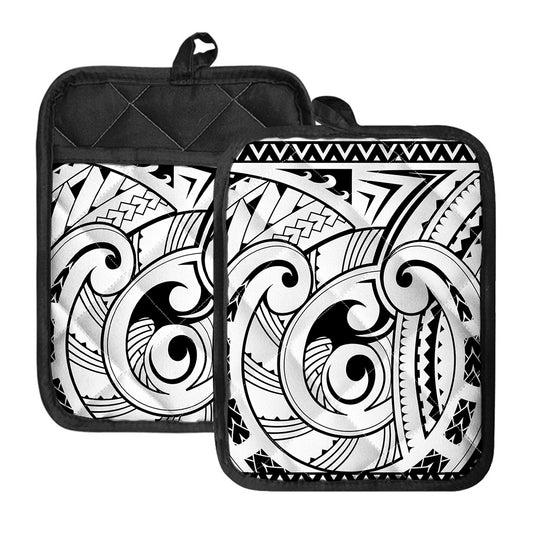 Black And White Maori Pattern Print Pot Holders With Pocket