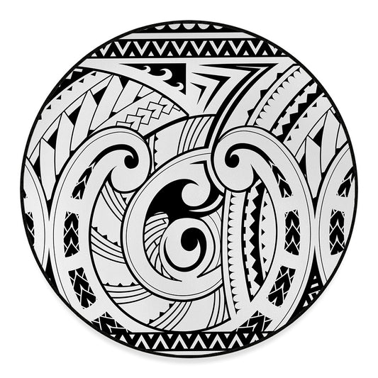 Black And White Maori Pattern Print Round Floor Mat