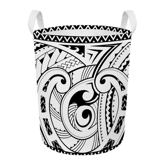 Black And White Maori Pattern Print Round Laundry Basket
