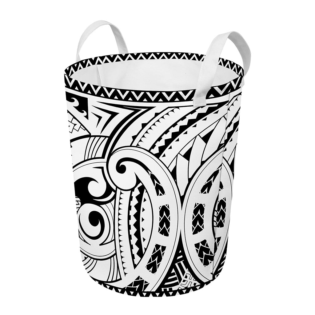 Black And White Maori Pattern Print Round Laundry Basket