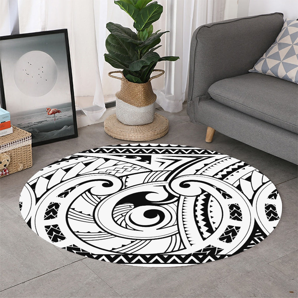 Black And White Maori Pattern Print Round Rug