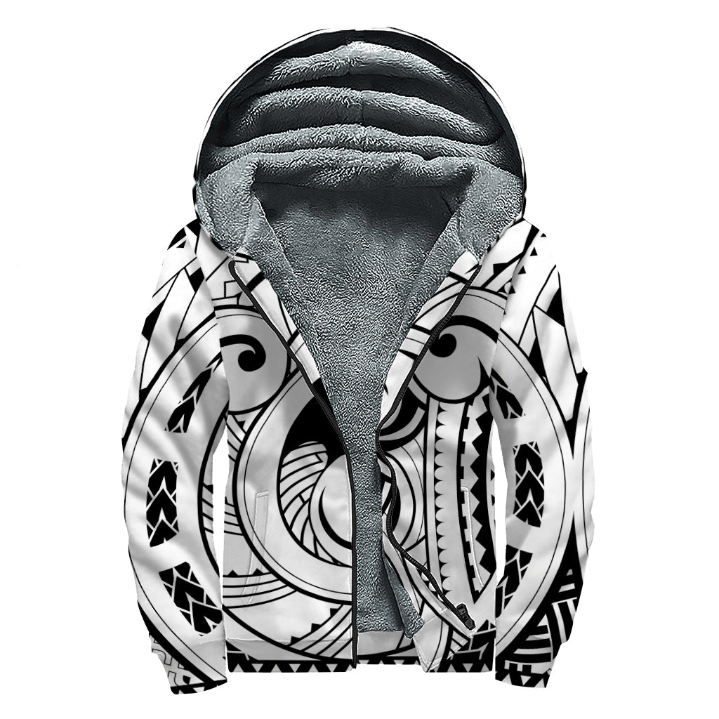 Black And White Maori Pattern Print Sherpa Lined Zip Up Hoodie