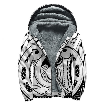 Black And White Maori Pattern Print Sherpa Lined Zip Up Hoodie