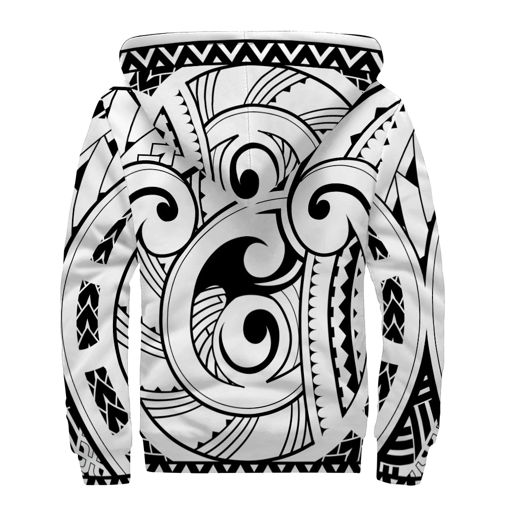 Black And White Maori Pattern Print Sherpa Lined Zip Up Hoodie