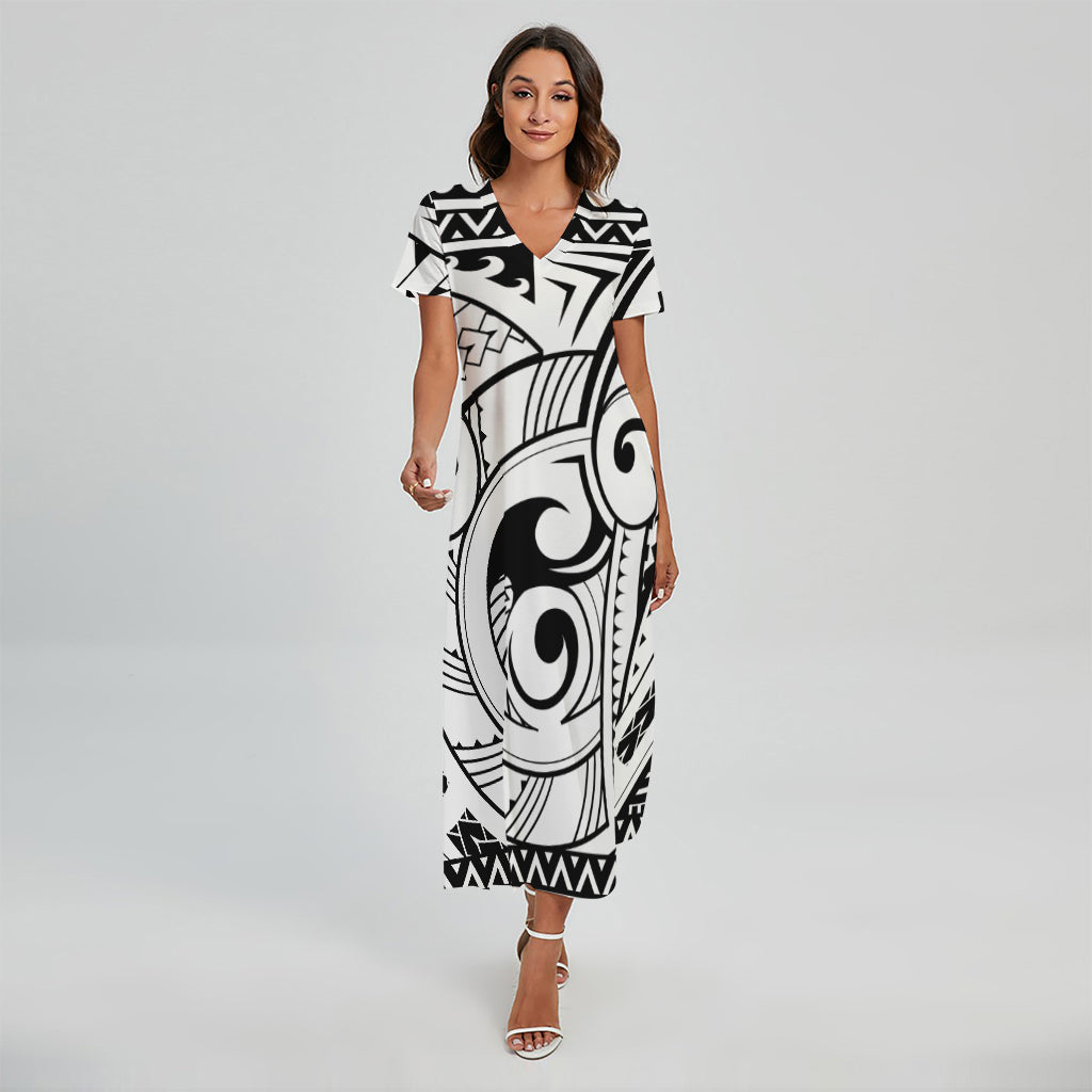 Black And White Maori Pattern Print Short Sleeve Maxi Dress