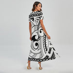 Black And White Maori Pattern Print Short Sleeve Maxi Dress