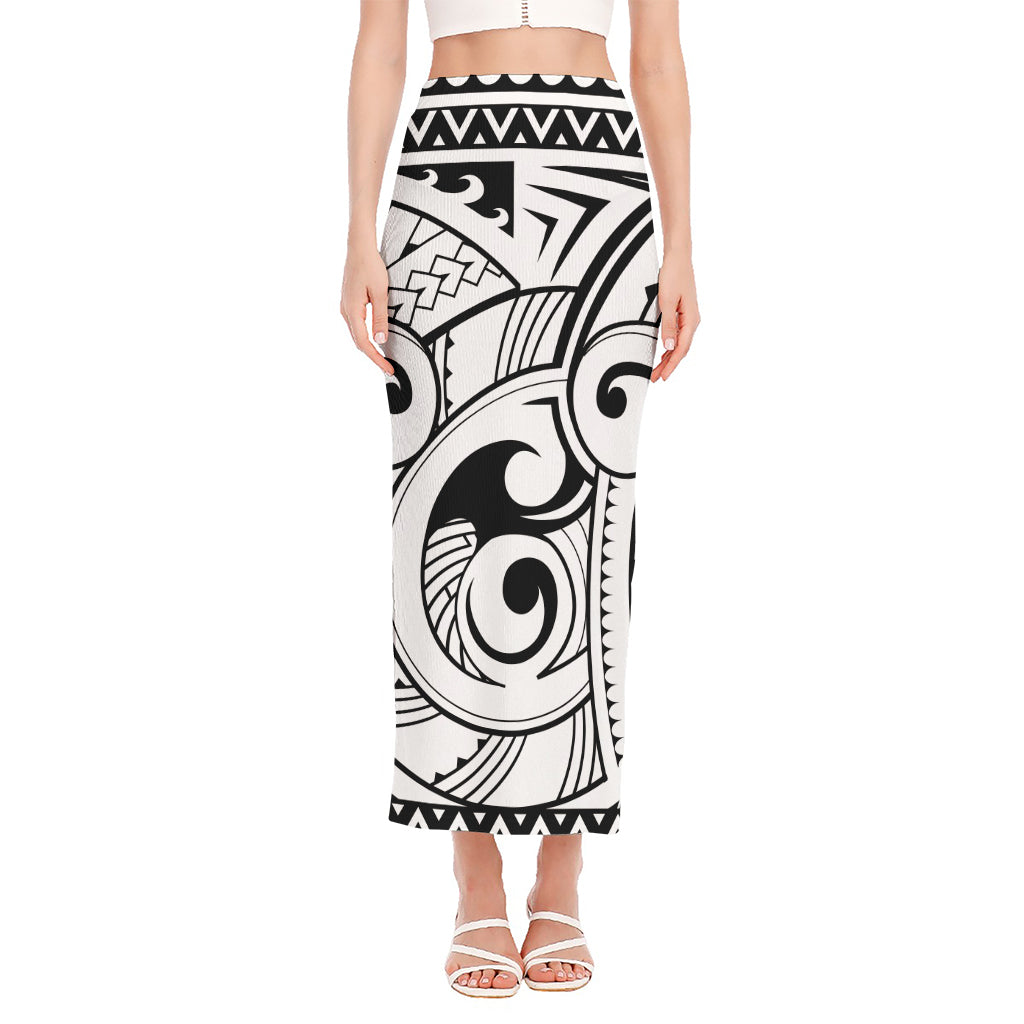 Black And White Maori Pattern Print Side Slit Maxi Skirt