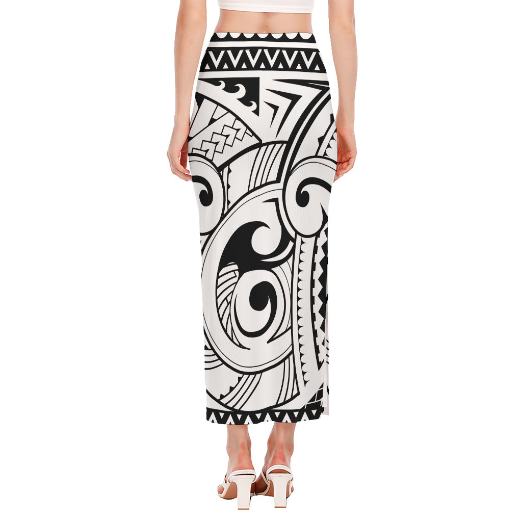 Black And White Maori Pattern Print Side Slit Maxi Skirt