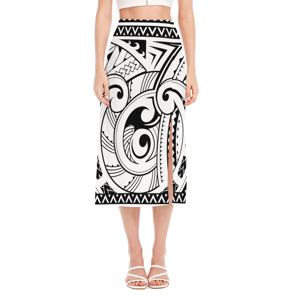 Black And White Maori Pattern Print Side Slit Midi Skirt