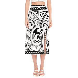 Black And White Maori Pattern Print Side Slit Midi Skirt