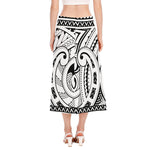 Black And White Maori Pattern Print Side Slit Midi Skirt