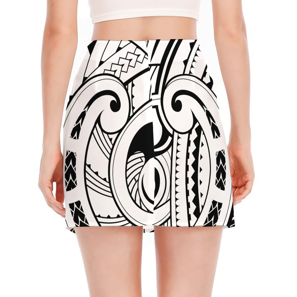 Black And White Maori Pattern Print Side Slit Mini Skirt