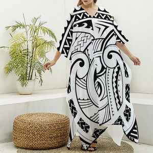 Black And White Maori Pattern Print Silk V-Neck Kaftan Dress